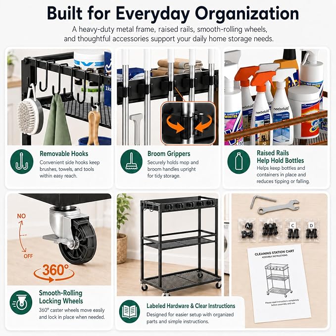 Cleaning Supplies Organizer Cart with Wheels, Broom and Mop Holder with 5 Grippers, 6 Hooks, 3 Shelves, Rolling Broom Closet Storage Rack for Laundry Room, Kitchen, Bathroom, Garage, Poolside - Image 7