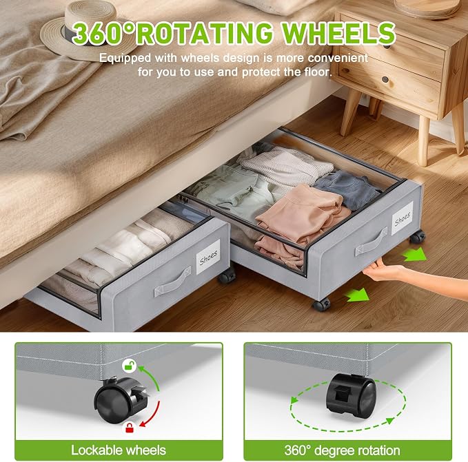 Molutsody Under Bed Storage with Wheels, 4-Pack Underbed Storage Containers with Clear Lids, Under Bed Shoe Storage Organizer, Rolling Under Bed Storage for Clothes Shoes Blankets (Grey) - Image 3