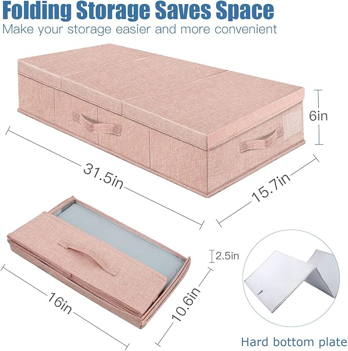 Supowin 2Pack Large Underbed Storage Containers Bin with Lids, Pink | 6 Inches Tall Under Bed Storage Organizer Box with Handles, Foldable Closet Organizer for Clothes, Blankets, Seasonal Items - Image 2