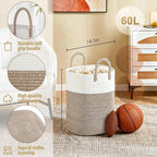 Laundry Basket,Woven Cotton Rope Laundry Hamper,Versatile Storage for Dirty Clothes,Baby Toys,and Blankets in Bathroom, Nursery,and Living Room (Brown, 60L) - Image 2