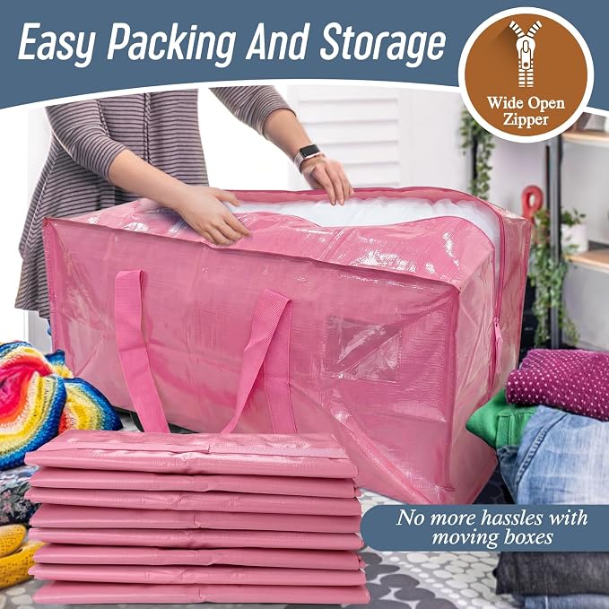 12 Pack Extra Heavy Duty Large Moving Bags with Strong Zipper, Pink | Comfortable Handles, Sturdy & Durable Clothes Storage Bags Totes Bins, Blue Packing Moving Boxes for College Supplies - Image 5