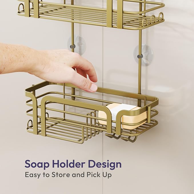 SWTYMIKI Shower Caddy Hanging Organizer - Over the Door Shower Caddy with Soap Holder, 11 Hooks, 2 Installation Ways, Stainless Steel Rustproof Bathroom Organizer, Gold - Image 7