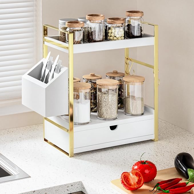2-Tier Bathroom Counter Organizer, Wooden Vanity Shelf with Drawer & Basket - Image 5