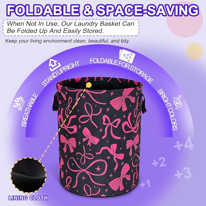 Pink Bowknot Laundry Basket Foldable Oxford Cloth Bow Hamper 18.9 x 16.5 In - Image 5