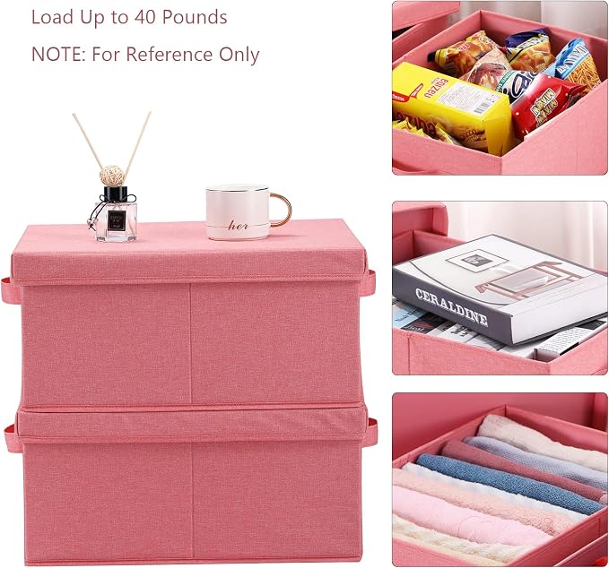 HOONEX Linen Foldable Storage Bins with Lids, 2 Pack, Storage Boxes with Carrying Handles and Sturdy Heavy Cardboard, 16.5" L x 11.8" W x 7.5" H for Shoes, Books, Clothes, Nursery, Pink - Image 2