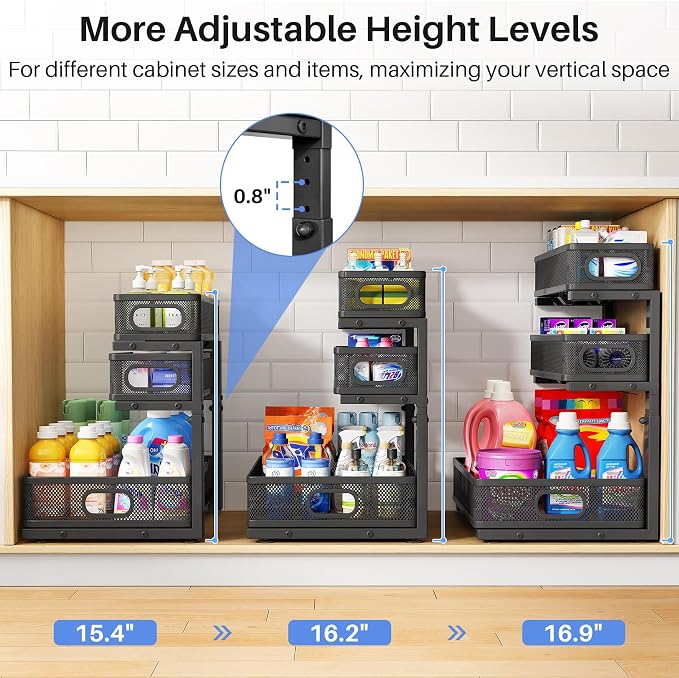 Under Sink Organizer, 3-Tier Thickened Metal Pull out Cabinet Organizer Shelf, Height Adjustable Slide out Storage Drawer Rack for Kitchen Bathroom Pantry Laundry Home Organization, 2-Pack, Black - Image 8