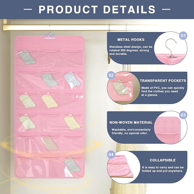 26-Pocket Hanging Closet Organizer for Socks and Underwear, Pink - Image 3