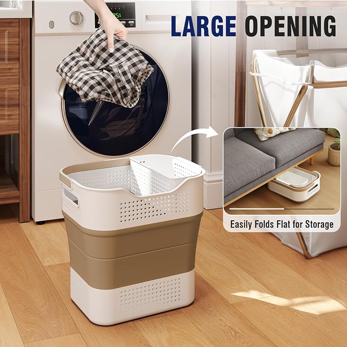 TECHMILLY Collapsible Plastic Laundry Basket Hamper with Handles, 35L Portable Rubber Clothes Basket, Pop Up Storage Container/Organizer with Hanging basket for Washing & Storage, Brown - Image 3