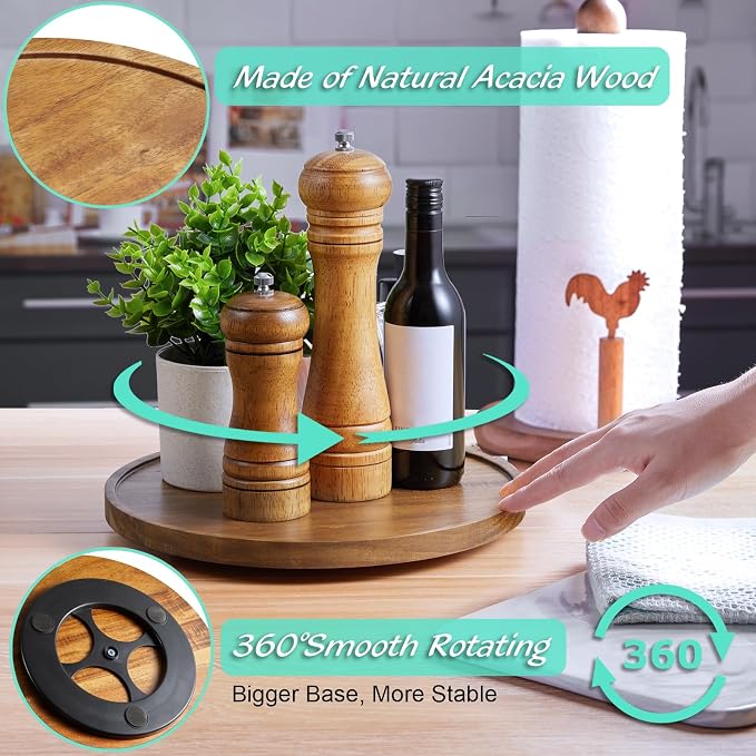 2 Pack 10" Acacia Wood Lazy Susan Turntable Organizer for Cabinet, Round Serving Tray Decorative Tray Vintage Centerpiece Candle Holder Tray, Farmhouse Tray for Kitchen Countertop Coffee Table Decor - Image 5