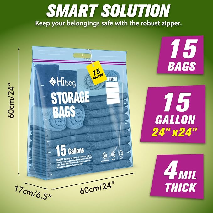 15 Gallon Large Storage Bags, 24” x 24” Zipper Bags with Handle, Extra Large XL Zip Top Bags for Clothes Travel Moving, Blue, Pack of 15 - Image 2