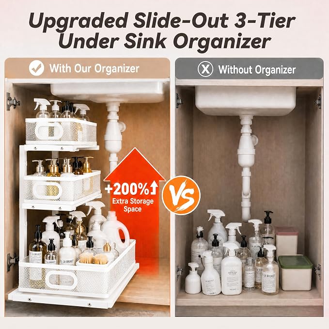 3-Tier Under Sink Organizer 2-Pack Organization for Bathroom Kitchen,White - Image 3