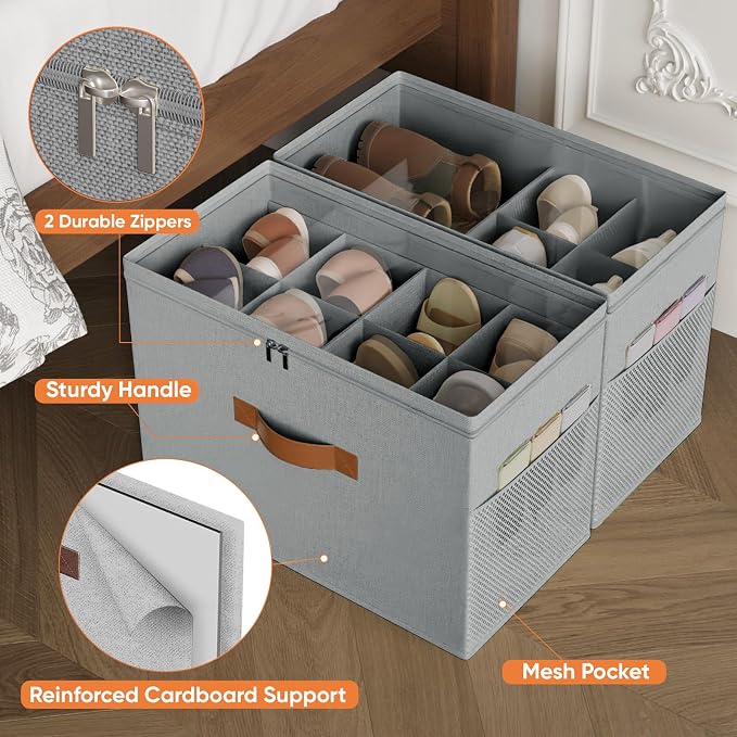 2 Pack Shoe Organizer for Closet,Foldable Shoe Storage Organizer with Adjustable Dividers, Shoe Storage Box with Clear Cover, Fits up to 16 Pairs, Gray - Image 5