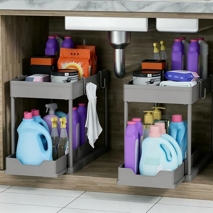 DEKAVA 2 Pack Under Sink Organizer, 2-Tier Sliding Cabinet Basket, Grey - Image 6