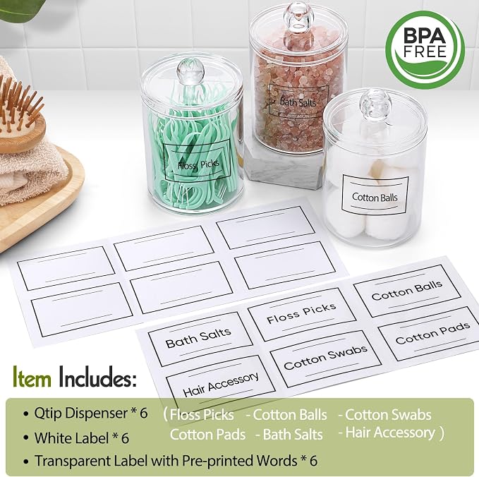 6 Pack Acrylic Qtip Holder Dispenser for Cotton Swabs, Balls, Floss Picks - Image 2
