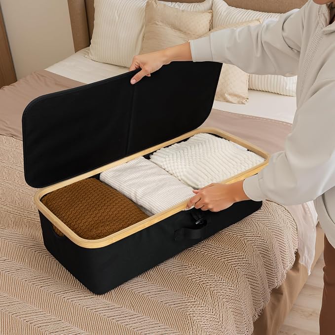 StorageWorks 7" Low Profile Underbed Storage Containers with Bamboo Frame | Strong Frame Resists Sagging, Buckle Flip-Top Lid, Fabric Handles, Foldable Stackable, for Blankets, Sheets, and Clothes - Image 4
