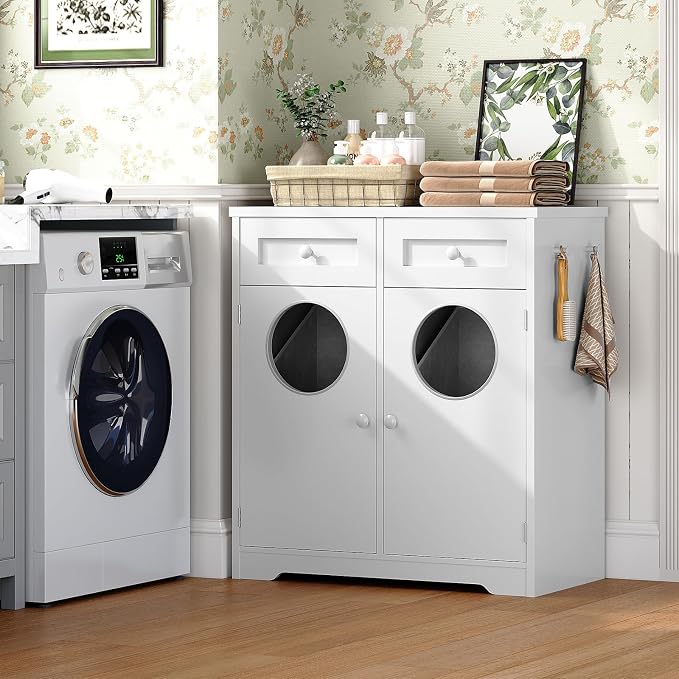 HOOBRO Double Laundry Hamper Cabinet, Hidden Laundry Cabinet with 2 Drawers & 2 Baskets, 20 Gallon Farmhouse Bathroom Laundry Hamper with 2 Clothes-Toss Holes, White WT36XY01 - Image 2