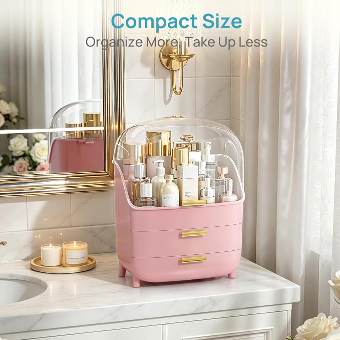 Vtopmart 3-Tier Skincare Makeup Organizer with Lids, Pink - Image 3