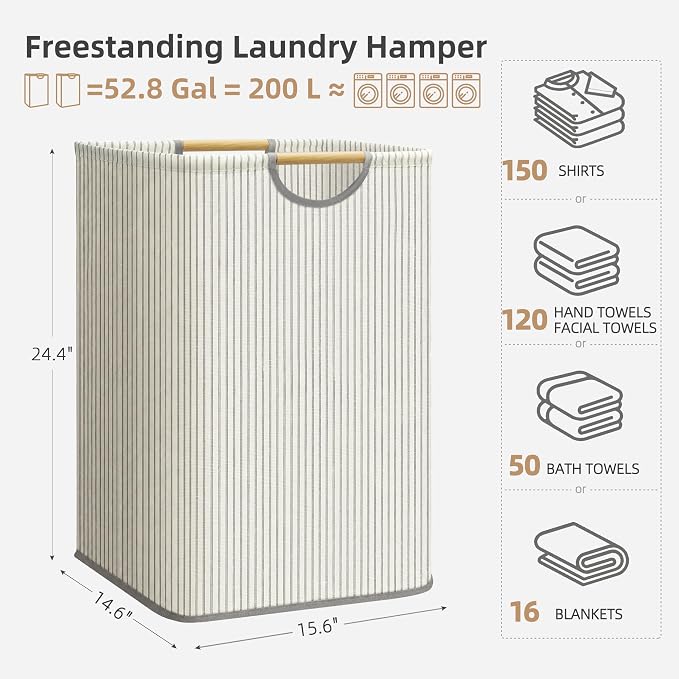 STORAGE MANIAC 2-Pack Large Laundry Hamper, 100L (26.4 Gal) Collapsible Laundry Basket with Bamboo Handles, Freestanding Waterproof Clothes Hamper for Laundry Room, Bedroom, Dorm, Towels, Stripe - Image 3