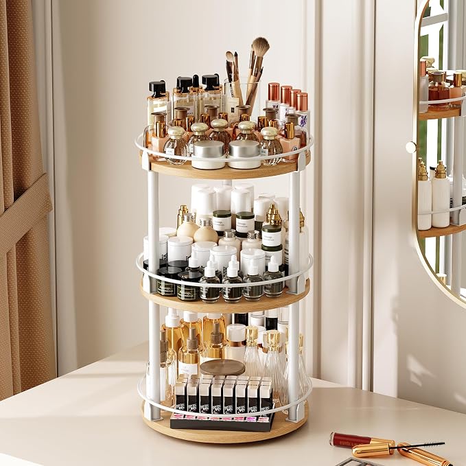 YATINEY 3-Tier Lazy Susan Organizer, Rotating Spice Rack, Spinning Organizer, Industrial Turntable Spice Rack Organizer for Cabinet, Kitchen Countertop, Pantry, White and Natural SR23WN - Image 7