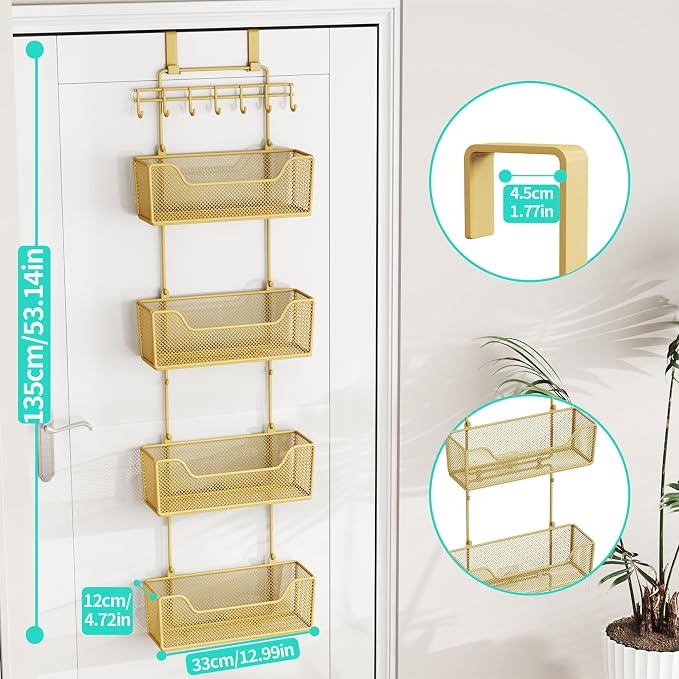 HapiRm Over The Door Organizer - Hanging Door Organizer with 4 Metal Large Capacity Baskets and Adjustable Coat Hook for Bathroom Bedroom Kitchen Pantry Closet Cabinet - Image 3