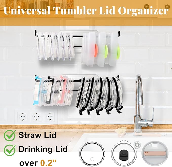 2 Pack Tumbler Lid Organizer, Over Cabinet Door Cup Lid Organizer, Self-Adhesive Tumbler Lid Hook, Tumbler Lid Holder for Kitchen Organizers and Storage - Image 3