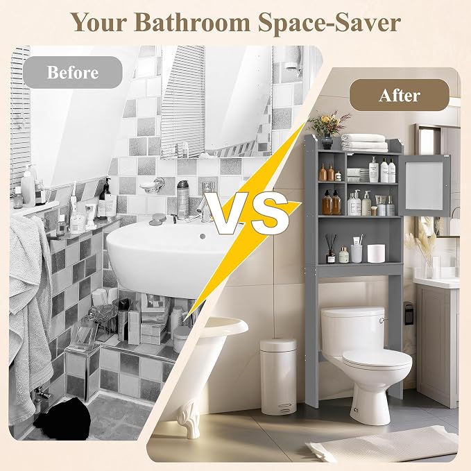 ZENY Over The Toilet Storage Cabinet, Bathroom Organizer with Adjustable Shelf and Double Doors, Freestanding Bathroom Space Saver Toilet Rack (Gray) - Image 7