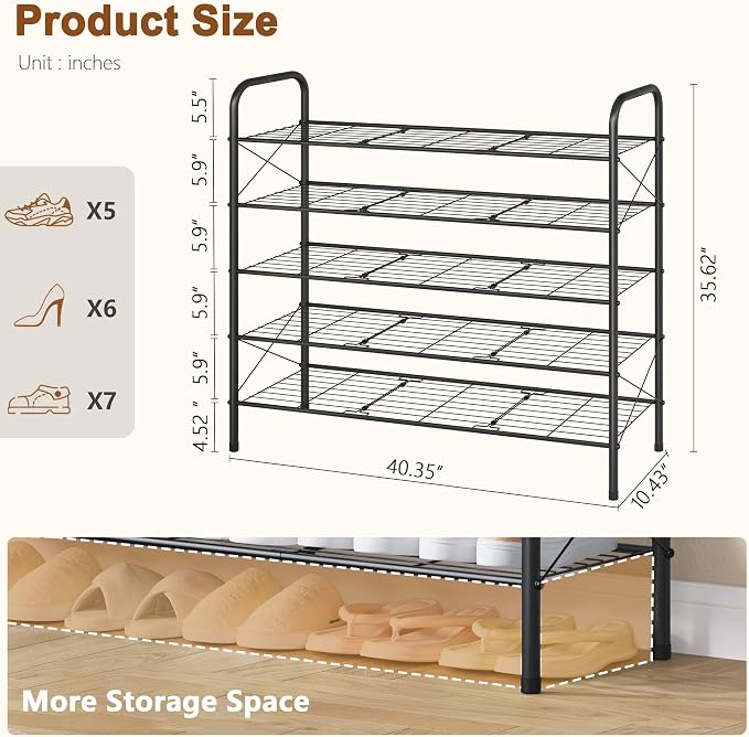 Hoctieon 5 Tier Mesh Style Shoe Rack, Entryway Shoe Shelf, Shoe Storage Organizer, Shoe Rack for Closet, Space Save for Bathroom, Garage, Hallway, Bedroom, Living Room, Black - Image 3