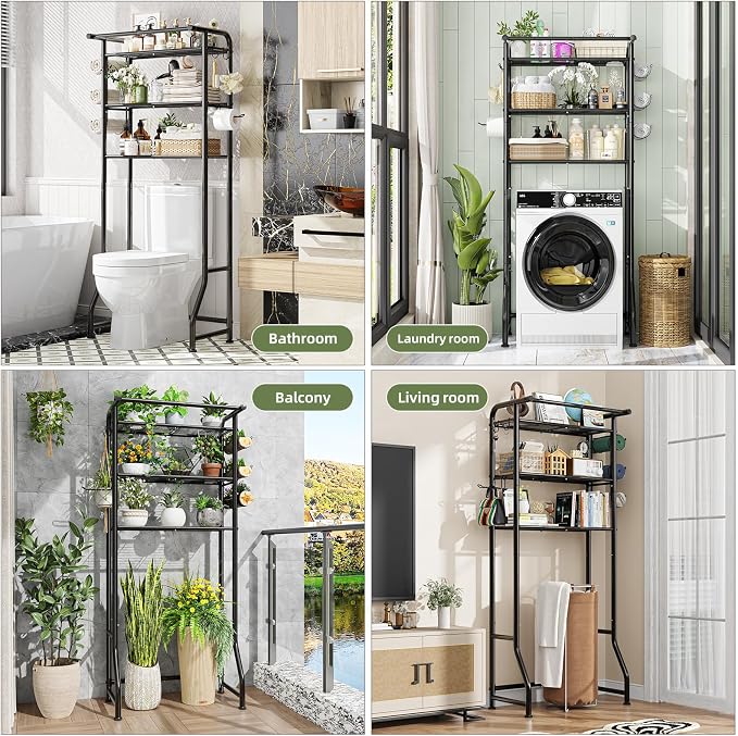 Simple Trending Over The Toilet Storage Cabinet, Metal Bathroom Shelf Organizer with Paper Holder and Hooks, 3 Tier, Black - Image 3