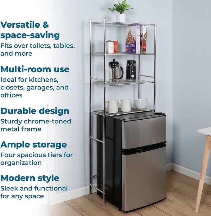 Honey-Can-Do 4-Tier Over-The-Toilet Storage Shelf - Space-Saving Steel Bathroom Restroom Organizer with Neutral Chrome Finish, Ideal for Towels, Toiletries, & Essentials - 24"W x 68"H x 11"D - Image 5