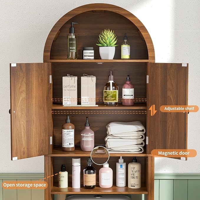 Arched Over The Toilet Storage Cabinet with Fluted Doors, 4 Tier Small Bathroom Shelf Organizer, Mid Century Modern Bathroom Cabinet with Adjustable Shelf, Slim Narrow Arch Toilet Rack, Walnut - Image 6
