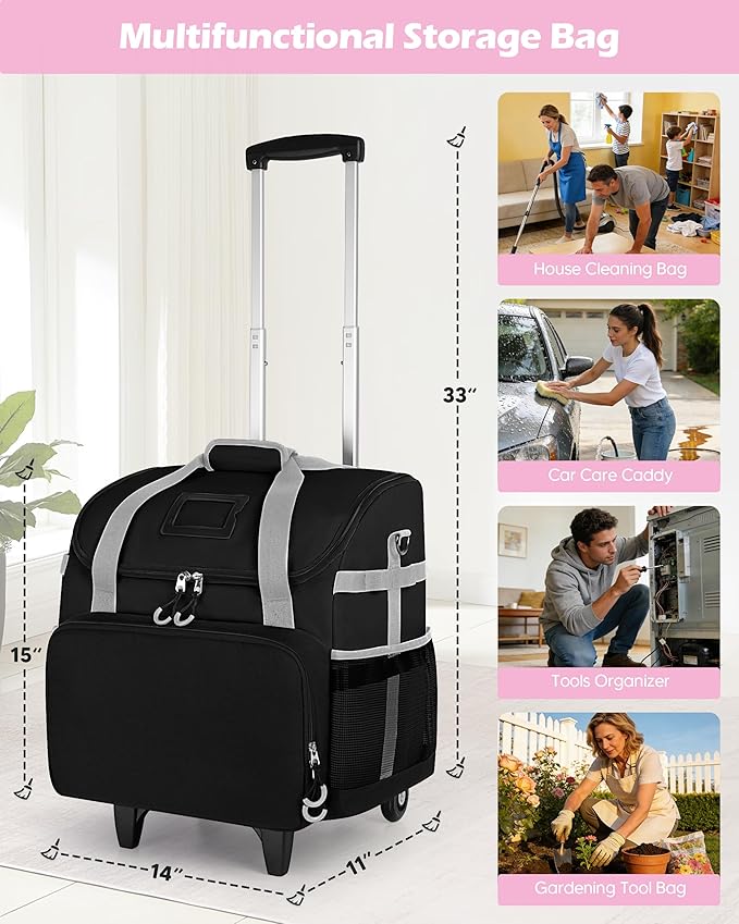 Marscamd Large Rolling Cleaning Caddy Bag with Detachable Trolley, Black - Image 6