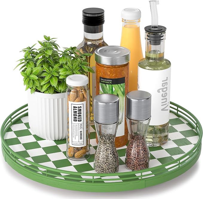 AMH 13-Inch Green and White Checkerboard Lazy Susan with Rubberwood Base by AMH