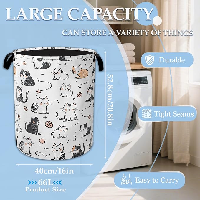 Cartoon Cat Laundry Basket Collapsible Laundry Hamper Oxford Storage Bin for Clothes Storage, Organizer, Books and Sundries 16" X 20.8" - Image 2