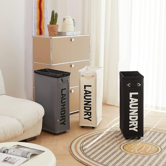 DOKEHOM 29" Enlarged Slim Rolling Laundry Basket Hamper on Wheels, Beige - Image 10