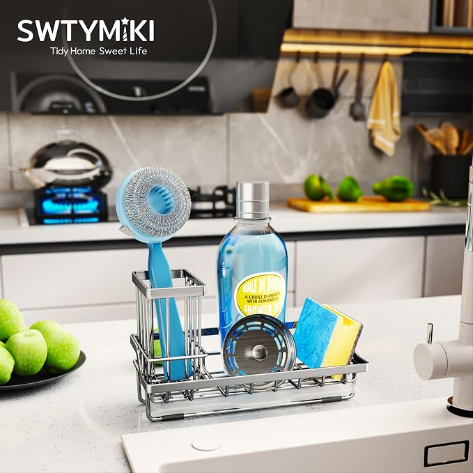 SWTYMIKI Kitchen Sink Caddy Sponge Holder, Kitchen Sink Organzier and Storage with High Brush Holder and Drip Tray for Dish Sponges, Silver - Image 7