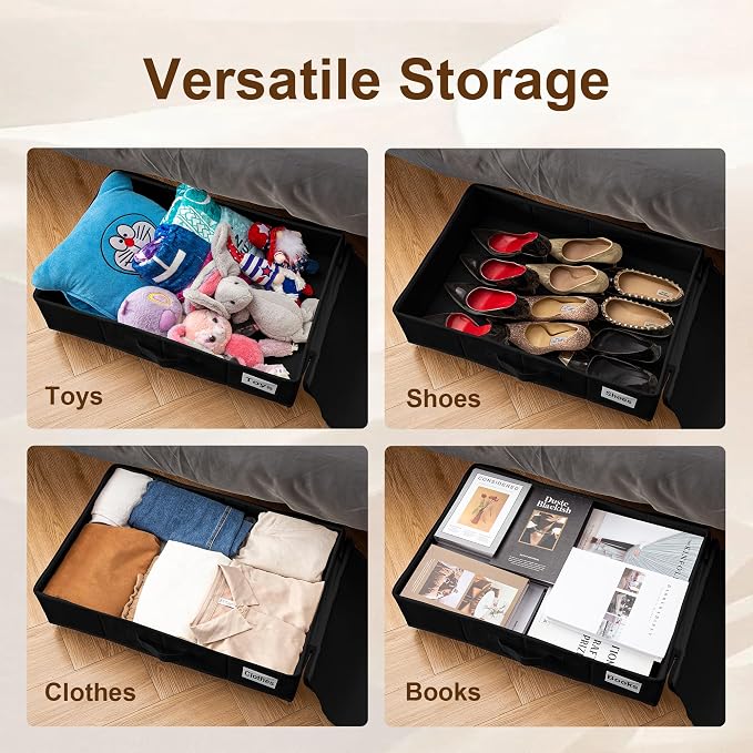 Vincona Under Bed Storage with Wheels, 2 Pack Under Bed Storage Containers with Label Holders for Clothes, Shoes and Blankets, Rolling Underbed Shoe Organizer with Cover, Black (23.6 x 15.7 x 7.28 in) - Image 3