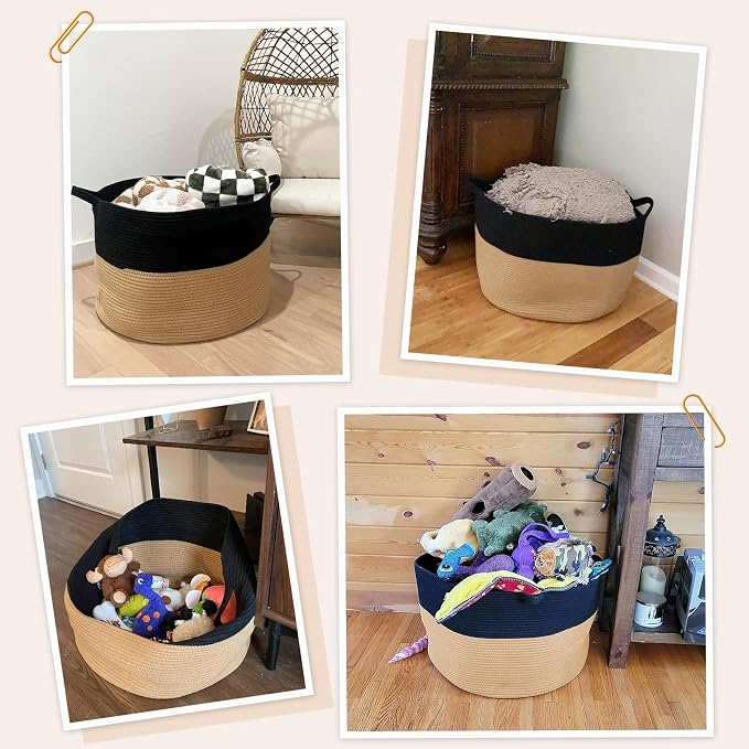 INDRESSME XXXLarge Woven Rope Blanket Basket Living Room Black Camel, 90L - Image 4