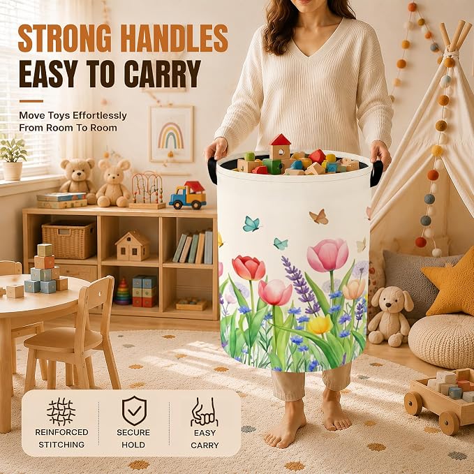 Decorative Foldable Laundry Basket with Handles,Watercolor Tulips Oxford Clothes Hamper featuring Spring Flowers, 16 x 20.8 Inch Storage Basket for Bedroom Bathroom Laundry Room,20.8x16 Inch - Image 4