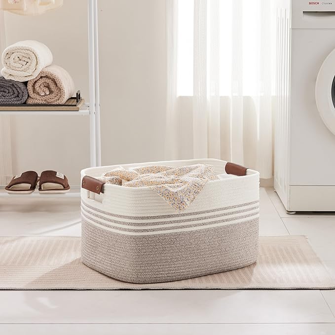 60L Woven Laundry Basket Hamper with Leather Handles,Brown​ - Image 3