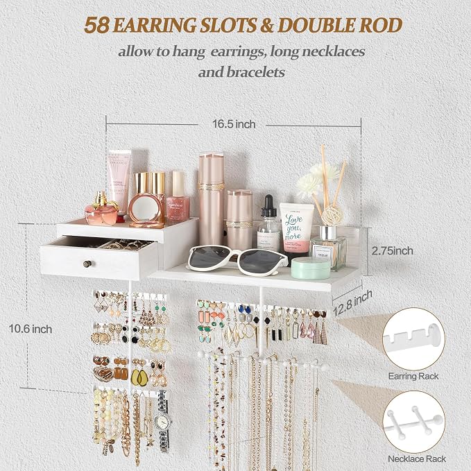 VINAEMO Jewelry Organizer Hanging Wall Mounted Jewelry Holder with Rustic Wood Drawer & Large Capacity Storage Shelf Rack Display for Earrings Rings Necklaces Bracelet(White Iron) - Image 3