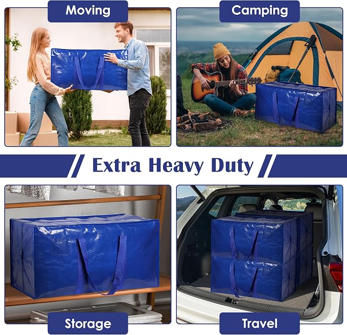 6 Pack Moving Bags with Full-Open Side Zipper, Extra Large 93L Heavy Duty Waterproof Foldable Storage Totes for College Dorm, Moving & Home Organization,Blue - Image 7