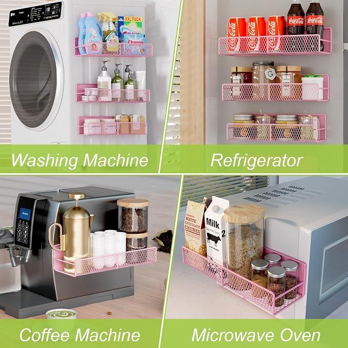 4 Pack Magnetic Shelves for Washing Machine, Heavy-Duty Magnetic Laundry Organizer with Hooks, Washing Machine Shelf for Refrigerator, Metal Storage Baskets, Closet & Laundry Room Organization (Pink) - Image 6