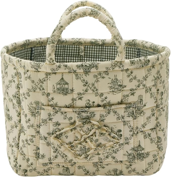 Quilted Fabric Storage Basket with Handles & Pocket, Foldable Laundry Hamper Boho Floral Print Organizer Bin for Home, Picnic, Office 12"x10"x10" (B-2) - Image 5