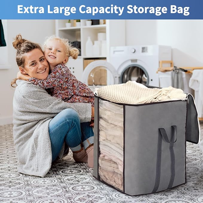 Blanket Storage Bags 120L for Comforter Clothes Bedding Sheet 4 Pack Grey - Image 4