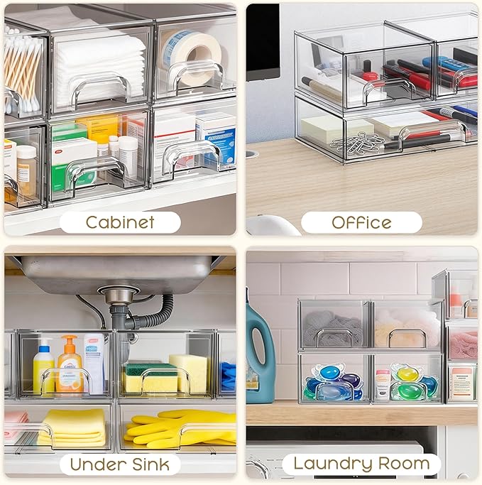 Criusia Stackable Storage Drawers, 6 Pack Clear Plastic Makeup & Bathroom Organizer, Versatile Storage Bins for Vanity, Under Sink, Kitchen Cabinets & Pantry - Image 7