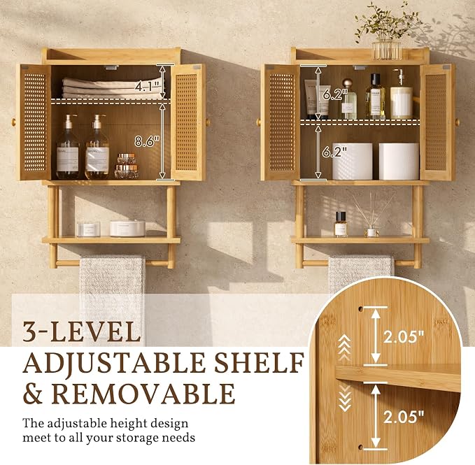 AmazerBath Bathroom Wall Cabinets, Bamboo Medicine Cabinet with Rattan Door, Over The Toilet Storage Cabinet with Towel Bar, Wall Mounted Cabinet with Adjustable Shelves for Small Spaces - Image 3