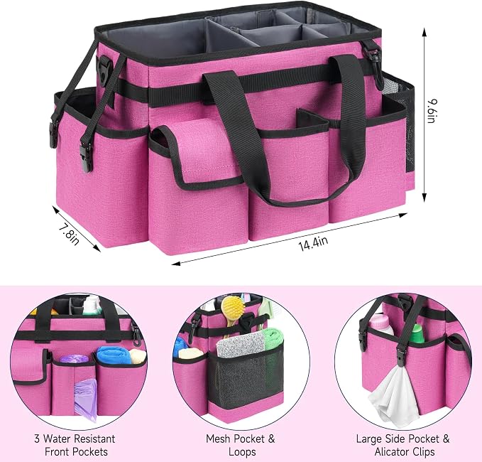 Cleaning Caddy,Cleaning Bag for Housekeepers,Cleaning Supplies Organizer with Handle,Rose Red - Image 4