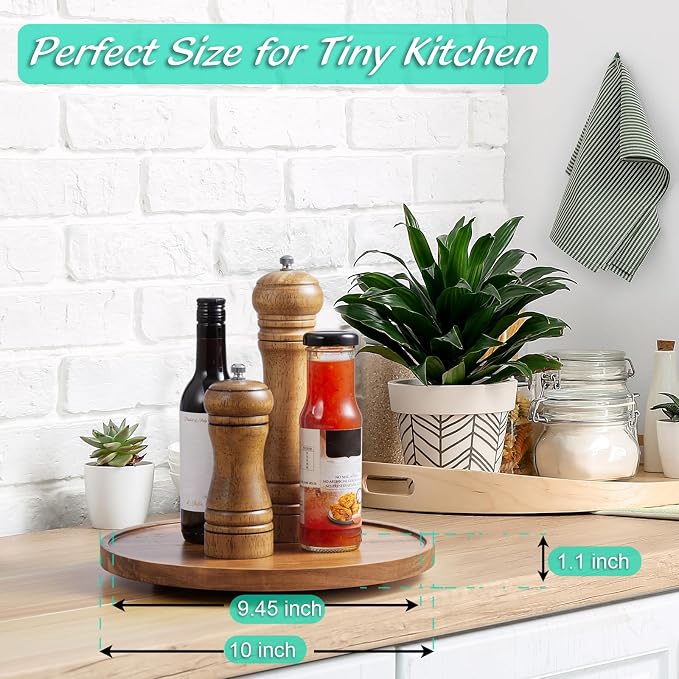2 Pack 10" Acacia Wood Lazy Susan Turntable Organizer for Cabinet, Round Serving Tray Decorative Tray Vintage Centerpiece Candle Holder Tray, Farmhouse Tray for Kitchen Countertop Coffee Table Decor - Image 2