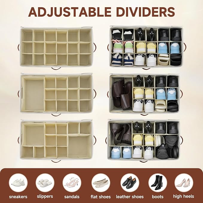2-Pack Extra Large Shoe Organizer for Closet, Foldable Shoe Storage Container with Adjustable Dividers & Clear Lid, Holds Up to 18 Pairs, Space-Saving Shoe Boxes, White - Image 3