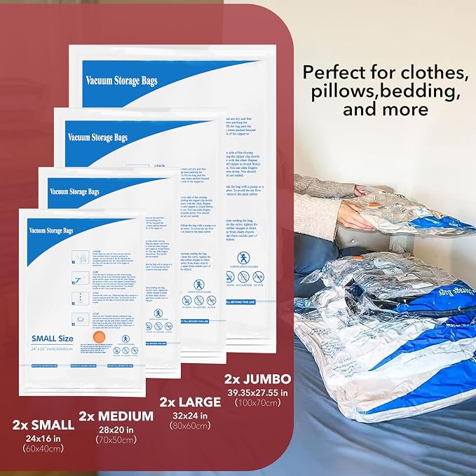 Vacuum Seal Bags for Clothing Travel & Home Storage, travel vacuum bags with pump, Store Blankets, Comforters, Pillows, Seasonal Clothes Compactly,8 Pack With Electric Pump - Image 2
